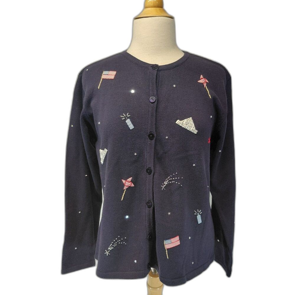 Talbots Americana LS Navy Blue Cardigan Embroidered Sweater SZ Medium